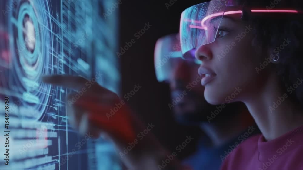 Poster two software engineers wearing augmented reality glasses are analyzing code displayed on a futuristi