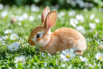 Fototapeta premium Small brown bunny exploring a garden filled with white flowers during a sunny day in spring