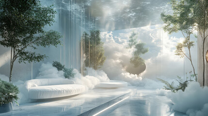 Generative AI  luxurious biophilic interior space featuring surreal elements, natural integration, ambient lighting, and sculptural organic furniture that blend boundaries. 