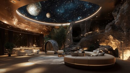 Generative AI  luxurious biophilic interior space featuring surreal elements, natural integration, ambient lighting, and sculptural organic furniture that blend boundaries. 