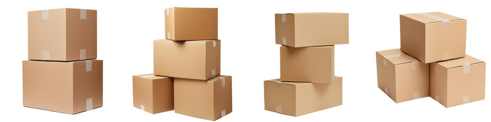 Stacked Cardboard Boxes in Various Arrangements Isolated on White Background