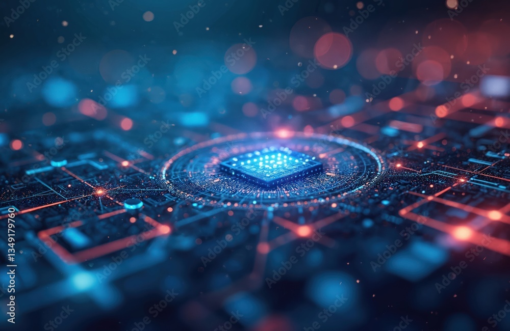 Aufkleber Abstract tech background. Digital circuit board, central processor unit CPU. Microchip, data streams, connection, lines. Cyber space, futuristic, modern computer, AI, big data, machine learning.