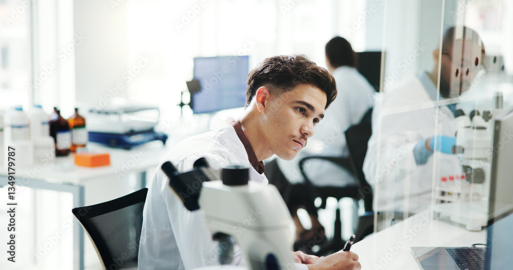 Aufkleber Man, scientist and notes with computer in lab of medical research, experiment or information. Person, microscope or online of healthcare report, biotech and investigation feedback of vaccine solution