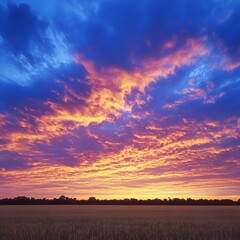 Obraz premium Vibrant Sunset over Golden Wheat Field Landscape