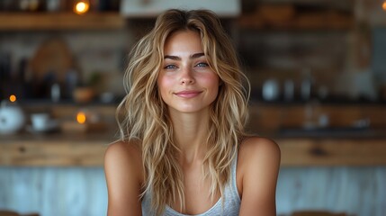 Woman smiling cafe background, lifestyle portrait
