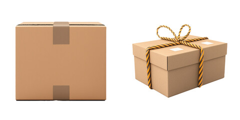 Brown cardboard gift box with ribbon next to plain box on white background