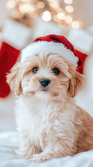Adorable fluffy puppy wearing santa hat posing indoors against festive christmas background