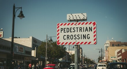 Obraz premium Pedestrian Crossing Sign in Small Town with Vintage Cars