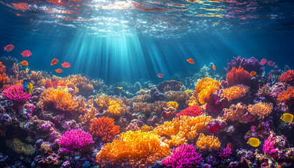 Naklejka premium Vibrant coral reef teeming with diverse marine life under sunlit ocean waters