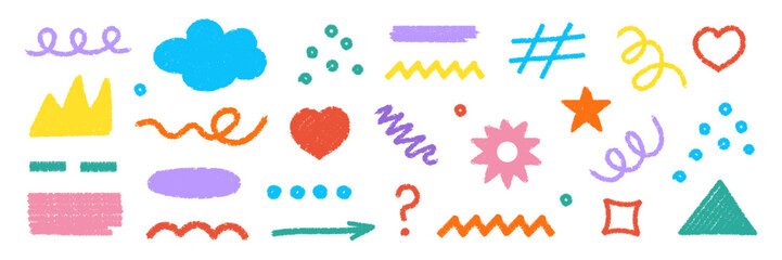 Set of colorful hand-drawn vector crayon pencil-style element shapes with a texture grunge pastel sketch brush effect.  Geometric shapes, squiggles, stars, hearts, arrows, cloud, and abstract elements