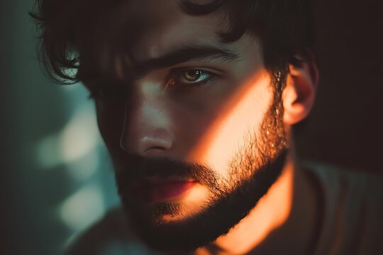 A brooding young man, half-lit by golden sunlight, reveals intense eyes and a thoughtful expression, in a dramatic close-up portrait.