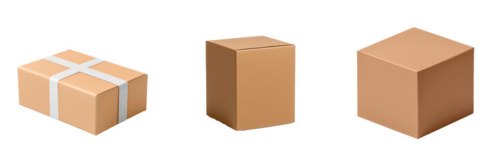 Collection of Three Brown Cardboard Boxes on a White Background for Shipping and Storage