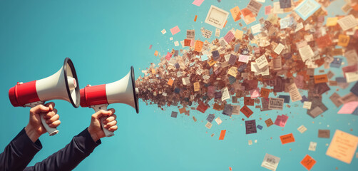 Art collage human hands holding megaphones spreading fake news on blue sky background. Pop art concept of misinformation, propaganda, fake news, social media, false information. Creative design.