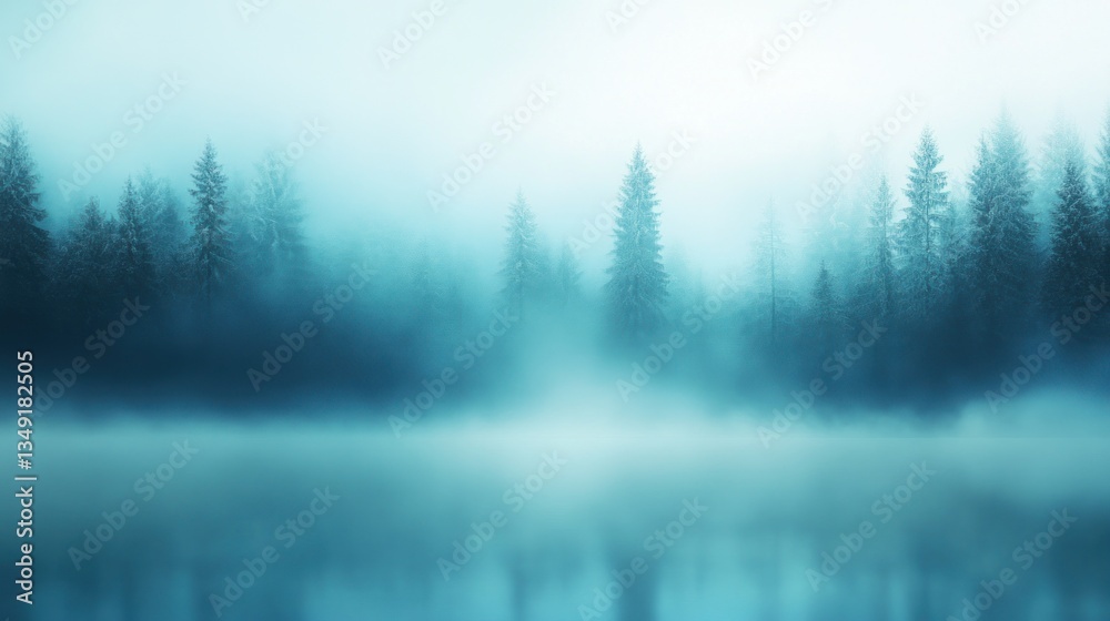 Poster misty forest reflected in a still lake at dawn.