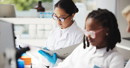 Medical research, scientists and women with document, lab and info for treatment of disease or...