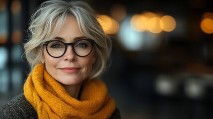 Woman, blonde, glasses, scarf, cafe, portrait, autumn, confident