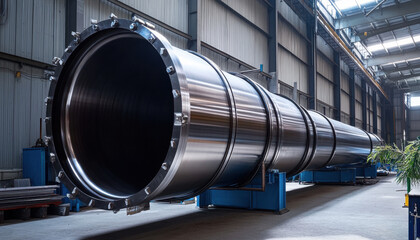 Fototapeta premium Large stainless steel heat exchanger is prominently displayed in a modern manufacturing facility, highlighting industrial design and engineering. Sunlight streams through windows