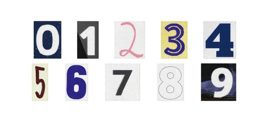 Isolated numbers cutout from magazines, retro style colorful set on white background