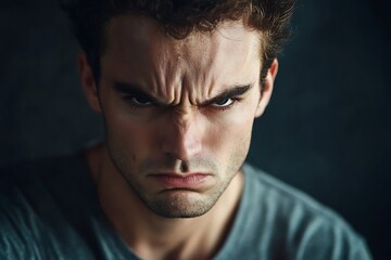 Obraz premium A young man's intense, furrowed brow and angry gaze reveal simmering frustration, captured in dramatic chiaroscuro lighting.