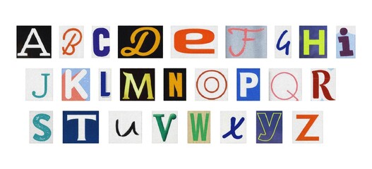 Isolated letters set, english alphabet cutout from magazines on white background