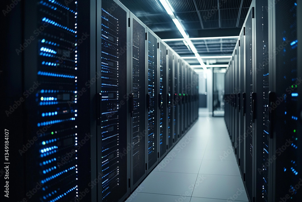 Poster a long corridor filled with server racks and blinking lights in a data center environment setting