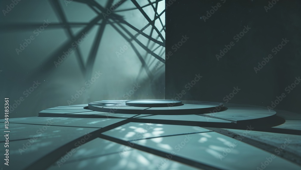 Poster abstract architectural setting with geometric shapes illuminated by soft light creating dramatic sha