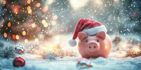 Festive piggy bank wearing Santa hat in winter scene with snow and Christmas lights