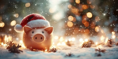 Holiday piggy bank wearing a Santa hat in a snowy winter setting with festive lights and pinecones