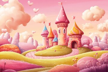 Fototapeta premium Colorful fairy tale castle nestled in a whimsical landscape with pink skies and fluffy clouds