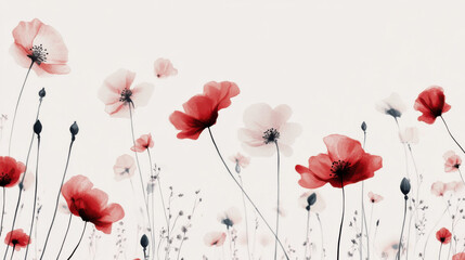 Delicate Touch of Nature: A Serene Floral Landscape with Soft Red and Pink Blooms Gracefully Swaying Against a Light Background for Tranquil Ambiance and Aesthetic Appeal