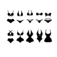 A collection of simple drawings showcasing different styles of bikini and swimwear, perfect for fashion design inspiration or illustrating trends in beachwear and lingerie fashion.