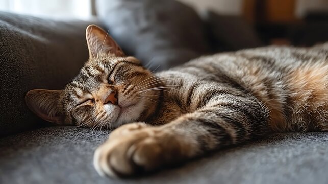 Tabby cat peacefully sleeping on a couch. - Powered by Adobe