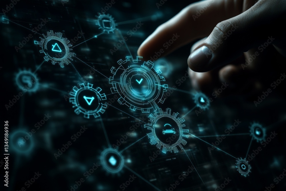 Leinwandbilder digital interface showing futuristic gears and symbols in technological environment with a human tou