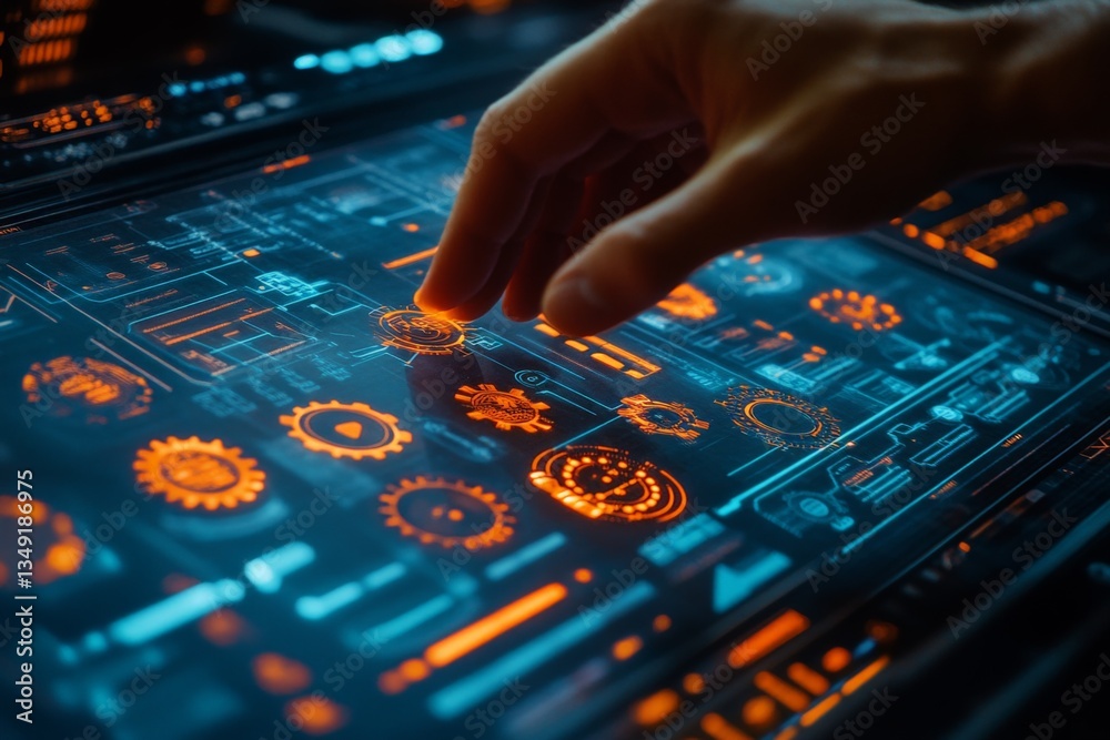 Poster Hand interacting with futuristic touchscreen interface displaying gears and technical layouts in a modern technology setting