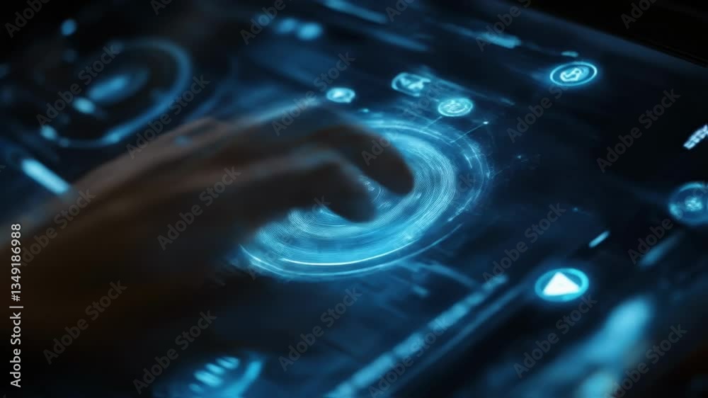 Poster hand interacting with a complex digital interface featuring glowing circular elements and streams of