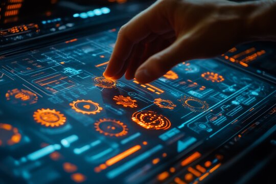 Hand interacting with futuristic touchscreen interface displaying gears and technical layouts in a modern technology setting