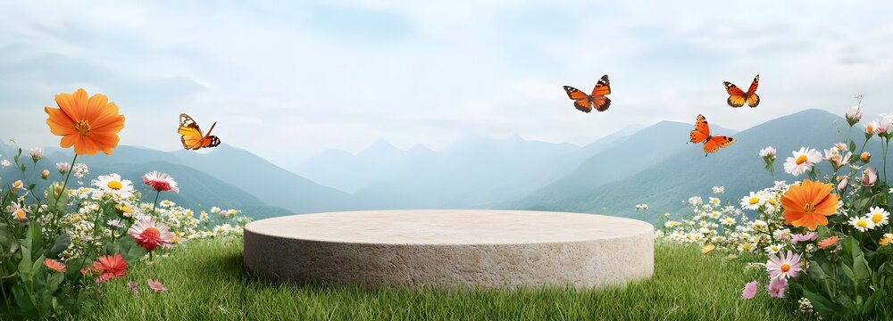 A podium resting in a quiet mountain meadow, surrounded by blooming wildflowers and butterflies