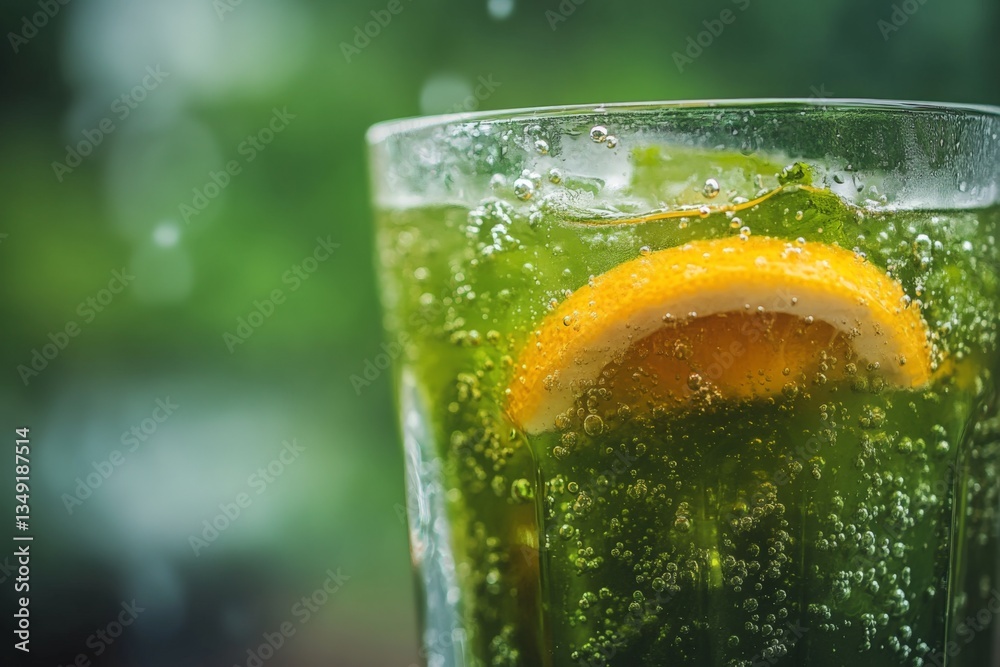 Poster Refreshing green drink with citrus slice captured in a lush environment during daylight