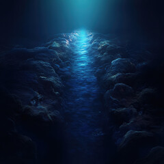 Obraz premium Serene Underwater Scene Depicting a Tranquil Ocean Channel Illuminated by Soft Light in a Dark Abyss, Showcasing Atmospheric Depth and Immersive Bioluminescence