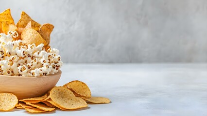 A wooden bowl filled with popcorn and tortilla chips scattered around it on a light gray surface. Concept Wooden Bowl, Popcorn Snack, Tortilla Chips, Light Gray Surface, Casual Dining Setup