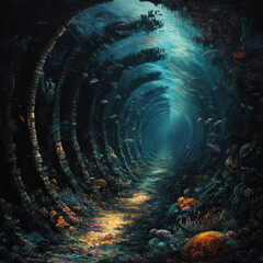 Enchanting Underwater Tunnel with Oceanic Life and Vibrant Coral Ecosystem, Evoking a Sense of Mystery and Depth in a Serene Aquatic Environment