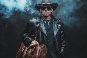 Obraz premium Stylish man in leather jacket with sunglasses poses confidently in a smoky environment during nighttime