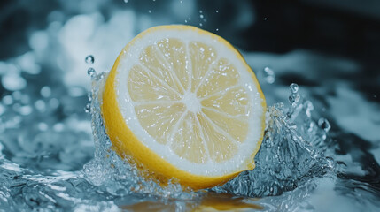 Fresh juicy lemons splashing into clear water with dramatic droplets on a reflective surface, vibrant citrus fruit with bright yellow color, refreshing and healthy food concept with dynamic motion