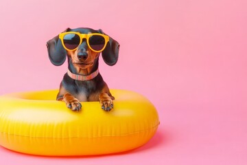 Playful dachshund enjoys summer vibes while lounging on a float in a vibrant pink setting