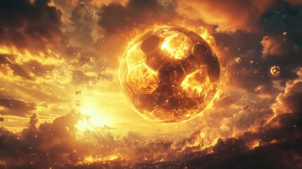 Fiery soccer ball against dramatic sunset