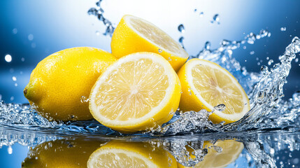 Fresh juicy lemons splashing into clear water with dramatic droplets on a reflective surface, vibrant citrus fruit with bright yellow color, refreshing and healthy food concept with dynamic motion