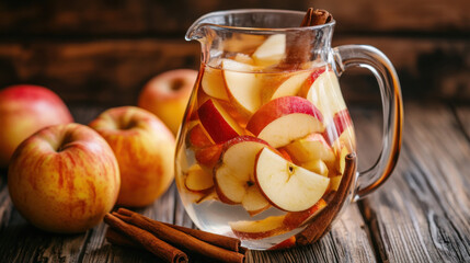 Refreshing Apple Cinnamon Drink in a Glass Pitcher with Fresh Apple Slices and Cinnamon Sticks on a Rustic Wooden Table Setting