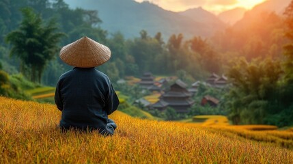 Meditative Figure Sitting in a Golden Field Overlooking a Mountain Village at Sunset