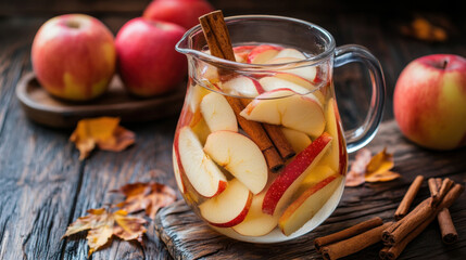 Refreshing Autumn Beverage with Sliced Apples and Cinnamon Sticks in Clear Pitcher on Rustic Wooden Table Surrounded by Fresh Red Apples and Dried Leaves