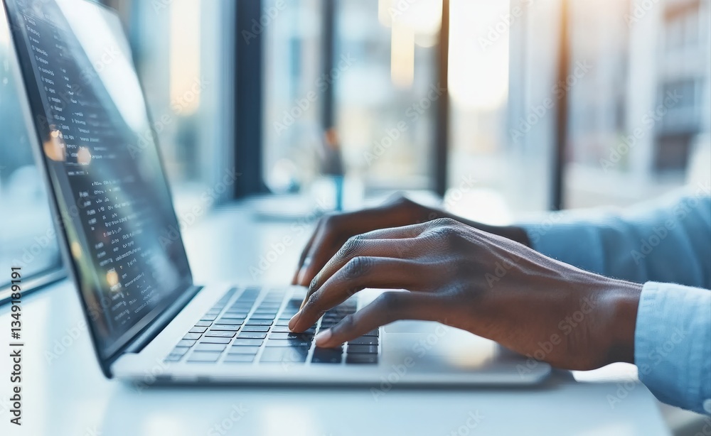 Poster Programmer writing code on laptop in modern office